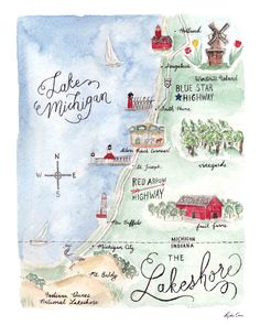 the lake michigan map is drawn in watercolor and ink with an image of lighthouses,