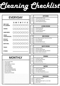 the cleaning checklist is shown in black and white