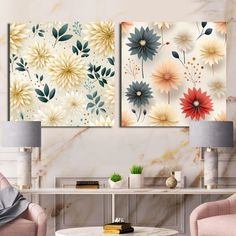 three floral paintings on a wall in a living room