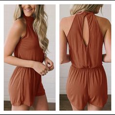 Color: Caramel Unique Design: Casual Style, Sleeveless, Solid Color, Keyhole Back With Button Details, Loose Fitting Romper Romper Season Is Fast Approaching, Ladies! This Gorgeous Babe Features A Halter Neckline, A Key Hole Back And Button Detail, The Elastic Waist Make This Romper Easy To Wear, Plus The Material Is Soft And Breathable So You Will Be Cool And Comfy All Summer Long! Pair With Wedges For A Dressy Look, Or Go Casual By Wearing It With Flat Sandals. Occasions: Perfect For Summer, D Casual Solid Color Halter Neck Jumpsuits And Rompers, Casual Solid Color Halter Neck Jumpsuit, Brown Sleeveless Summer Jumpsuits And Rompers, Brown Sleeveless Summer Jumpsuit, Sleeveless Brown Jumpsuit For Day Out, Solid Color Jumpsuits, Be Cool, Key Hole, Halter Neckline