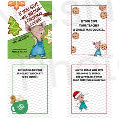 three christmas cards with the same character as cookies and an image of a mouse holding a sign