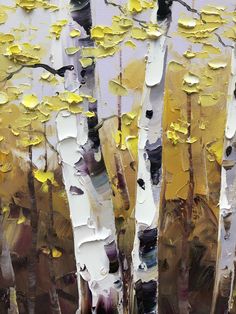 an abstract painting of yellow and white trees