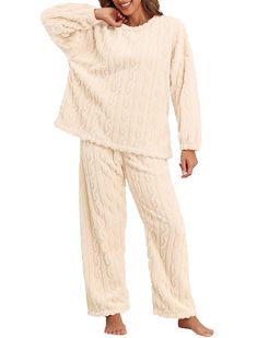 PRICES MAY VARY. Warm Fabric - BAJAOEY fluffy womens pajama sets is made of 100%Polyester Fleece fabric. Softer than cotton fabric, lightweight, skin-friendly. You can enjoy superior comfort and ease while sleeping. Stylish Design - The ribbed design not only adds a touch of elegance and make a statement. The loose plush top and pants provide a relaxed and comfortable wearing experience, allowing you to move freely and comfortably. Various Occasions - Fuzzy fluffy Pajamas meet various needs and Fuzzy Pajamas Pants, Warm Comfy Pajamas, Fluffy Pajamas Set, Fuzzy Pjs Pants, Best Loungewear Amazon, Cream Winter Sleepwear For Loungewear, Cozy Long Sleeve Cream Sleepwear, Cream Winter Sleepwear For Lounging, Cozy Sleepwear With Soft Texture For Overnight