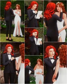 the red haired woman is posing for pictures in her wedding dress and tuxedo