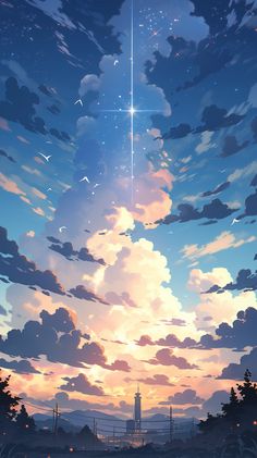 the sky is filled with clouds and stars