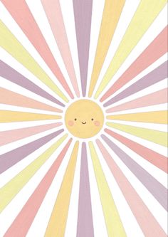 the sun is shining brightly in front of a white background with pink, yellow and purple stripes