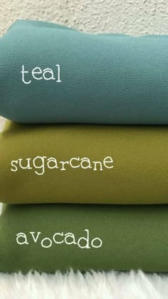 three sheets with the words teal, sugar cane and avocado on them