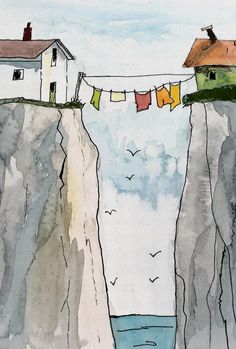 there is a house on the edge of a cliff with clothes hanging from it's line