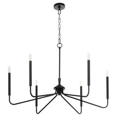 a black chandelier with six lights hanging from it's center and four arms