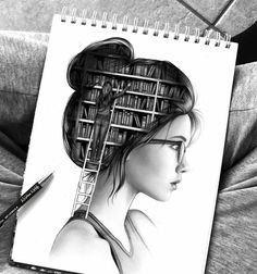 a drawing of a woman's head with bookshelves in the shape of a ladder