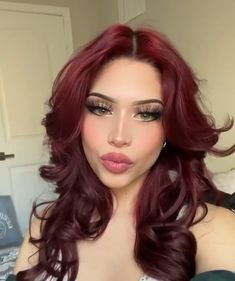 Celebrity With Red Hair, Chicana Hair Color, Hair Dye Ideas For Tan Skin, Cherry Red Hair Green Eyes, Red Hair Eye Makeup, Red Hair Red Eyebrows, Red Hair Combo, Red Prom Hair, Best Hair Color For Pale Skin