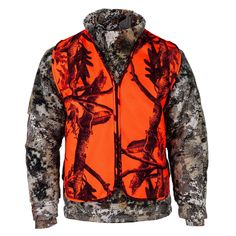 an orange and black jacket with trees on it