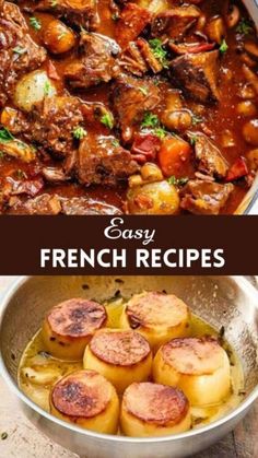 easy french recipe with potatoes and meat in a pot on the stove, and an image of