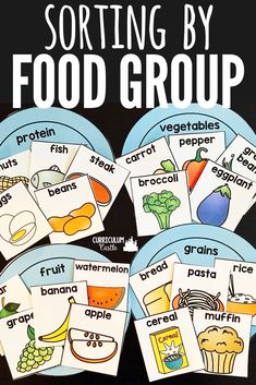 some sort of food groups that are organized on plates with the words sorting by food group