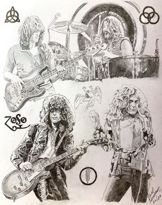 Second in a series of pencil drawings on coquille/stipple paper, entitled Thru The Years...this piece is Led Zeppelin, my all time favorite band, 16x20...bands to follow include Yes, ELP, Beatles, Rush and moreI want to depict each member in a different time period of the groups existence...8-1/2" x 11" prints also available, $30 each... Customize: Choose the band of your choice, any available upon request.  Same format and price, 16x20, $350.00 Zeppelin Drawing, Guitarist Art, Led Zeppelin Art, Led Zeppelin Poster, Zeppelin Art, 70s Rock And Roll, Rock N Roll Art, Music Pics, Graphite Drawings