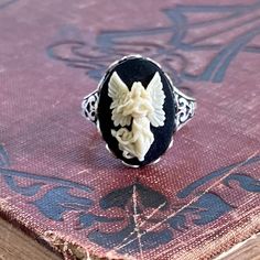 Angel Cameo Ring in Antiqued Brass or Silver | Ragtrader Vintage Spooky Drinks, Angel Ring, Cute Angel, Classic Lolita, White Angel, Vintage Style Rings, Cameo Ring, Oak Leaf, Dream Jewelry