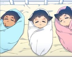 three children are sleeping under blankets on the bed, one boy has his eyes closed