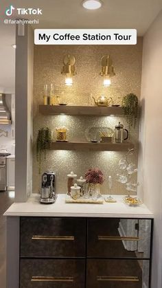 a coffee station in a kitchen with shelves and lights on the wall above it that says, my coffee station tour