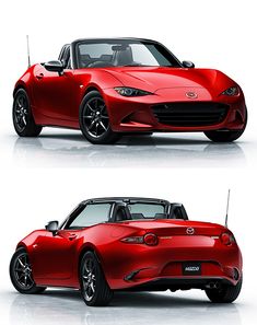 two pictures of the front and back of a red sports car, one showing the top down