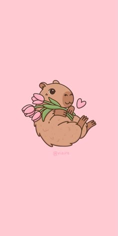 an animal with flowers in its mouth on a pink background