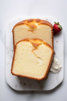 two slices of pound cake on a white plate