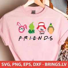 a pink shirt with the words friends printed on it and an image of three cartoon characters