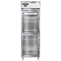 an empty stainless steel refrigerator on wheels