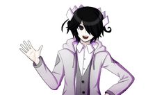 an anime character with black hair wearing a purple jacket and white shirt, holding her hands out