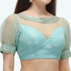 Blouse Designs Latest Half Sleeve, Net Blouse Sleeves Designs Latest Fancy, Net Neck Designs For Blouse, Half Net Blouse, Net Sleeves Designs For Blouse, Net Blouse Designs Pattern Style, Blauj Design, Net Saree Blouse Designs, Pink Blouses