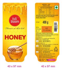 a package of honey is shown with the label in front and side views on each side