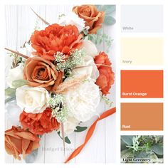 an arrangement of flowers with orange and white colors