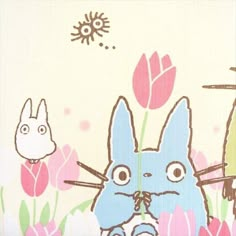 an image of a rabbit with tulips and other animals in the back ground