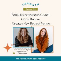 two women sitting next to each other in front of a white background with the words serial enterprise coach, consultant & creates new