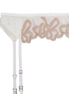 Bow Guipure Garter You lush. Our Bow Guipure Embroidery Garter is the perfect addition to amp up your lingerie set. Features stunning guipure lace appliqué on lustrous ivory silk. Silk covered adjustable garter straps and elastic waistband. Center back closure sits at waist. Pair with the matching Bow Guipure Embroidery Bra and Thong. Body: 100% Polyester Combo: 92% Silk & 8% Elastane Hand wash cold, hang or lay flat to dry Model is wearing a size 2, the equivalent of a Small. Bra And Thong, Ivory Silk, Guipure Lace, Curated Gifts, Powder Pink, Lace Applique, Xl Dress, Lingerie Set, Lay Flat