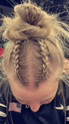 braided bun Cute Hair Ideas For Sports, Braids Into A Bun Hairstyles, Bun And Braids, Fun Volleyball Hairstyles, French Braids Into High Bun, Braided Into A Bun, Wrestling Braids, Braid Into High Bun, Volleyball Bun Hairstyles