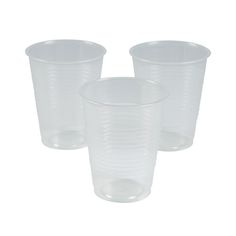 three clear plastic cups sitting next to each other