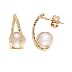 Edgy in design, these half hoop earrings are crafted in 10k yellow gold and boast 7.5-8mm fresh water cultured pearls. Earrings measure 13mm in length and 7mm in width. Half Hoop Earrings, Jewelry Education, Pearls Earrings, Diamond Guide, Gold Pearl Earrings, Olivia Burton, Bracelets And Charms, Gold Pearl, Cultured Pearls