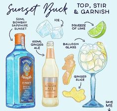 the ingredients for a gingle cocktail are shown in this hand - drawn illustration, which includes