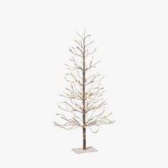 a small white christmas tree with lights on it's branches and no leaves in front of a white background