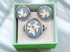 Vintage Avon Ring Earrings Set Wedgwood Blue Cameo White Birds Silvertone 7.75 | eBay Cameo White, Avon Rings, White Birds, Wedgwood Blue, Bird Earrings, White Bird, Vintage Avon, Earrings Set, Ring Earrings