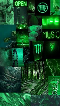 a collage of green and black images with the words life music written on them