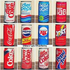 six cans of diet coke are shown in this collage with the names pepsi and pepsi on them