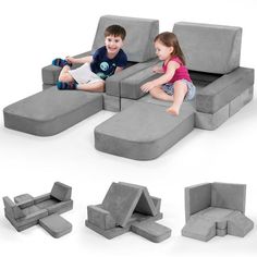 two children are sitting on a couch made out of concrete blocks, and one child is playing with a video game controller