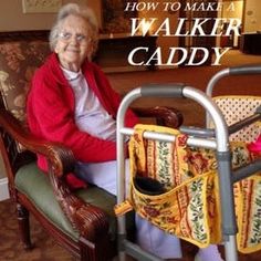 an elderly woman sitting in a chair with her walker caddy