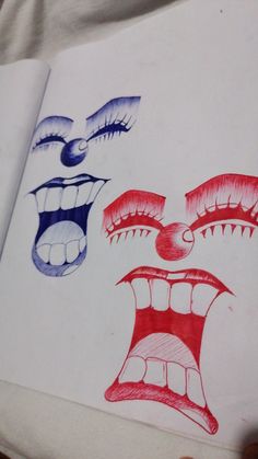 an open book with two drawings of mouths and teeth on it's pages, one is red white and the other blue