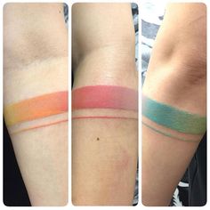 three different pictures of the same person's arm, one with an orange and green strip on it