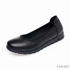 Lasaky - Professional Black Work Shoes with Soft Comfortable Sole for Long Hours Standing Comfortable Black Closed Toe Flats, Black Comfortable Flats With Round Toe, Comfortable Black Flats With Round Toe, Black Flats With Round Toe, Black Leather Flat Shoes With Stitched Sole, Black Slip-ons With Rubber Sole And Flat Heel, Black Comfortable Flats With Cushioned Footbed, Comfortable Black Flats With Cushioned Footbed, Comfortable Black Flats With Removable Insole