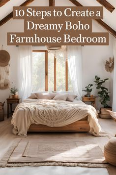 a bedroom with white walls and wooden beams