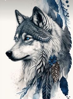 a wolf with blue eyes and feathers on it's head