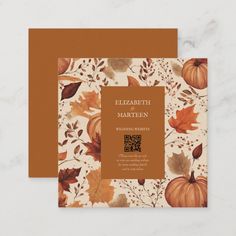 a wedding card with fall leaves and pumpkins